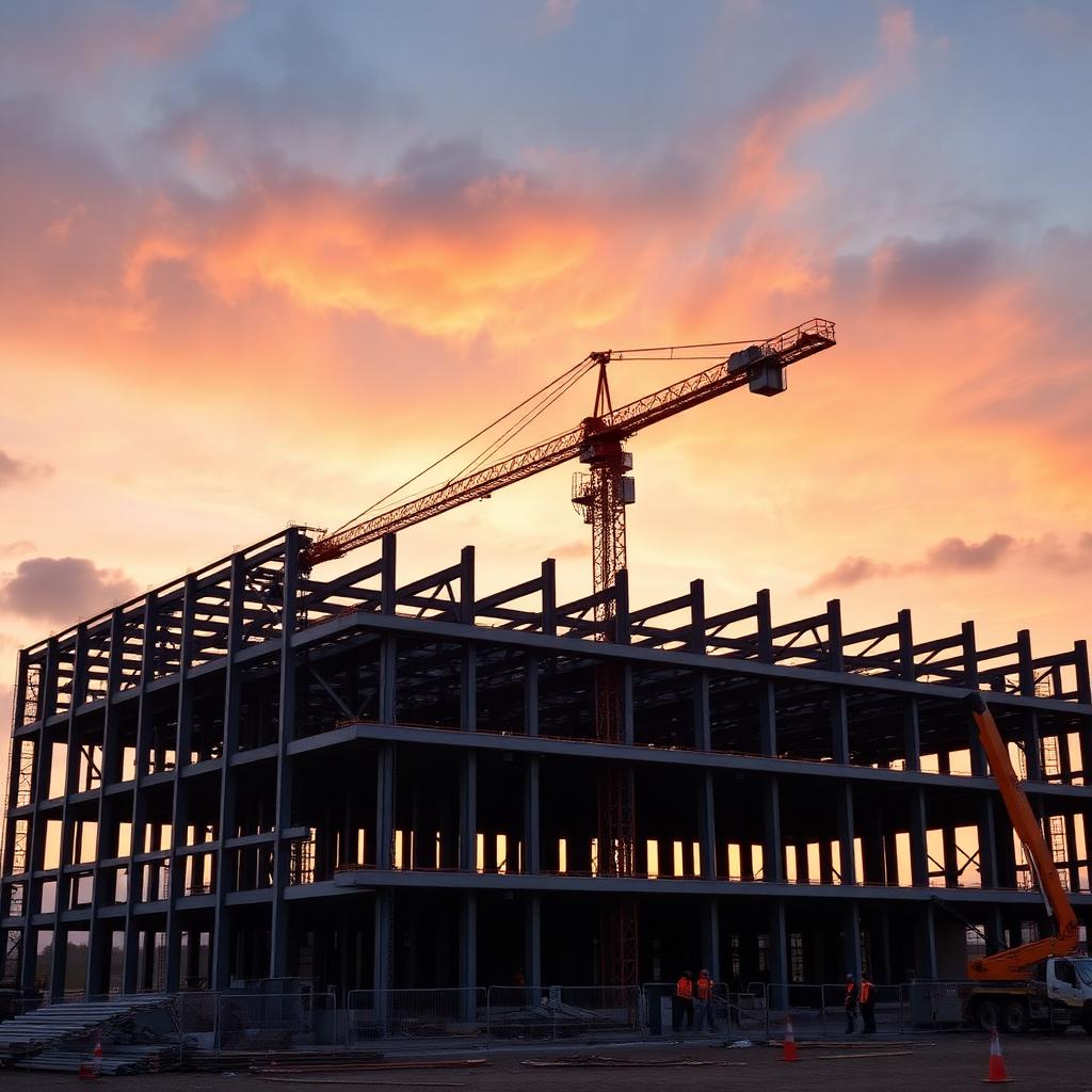 Structural steel building under construction with crane at sunset